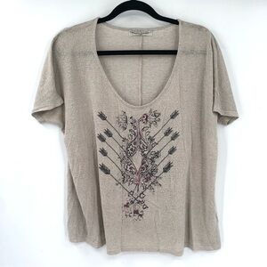 PROJECT SOCIAL T Boho Arrows Printed Blouse XL Women Tan Scoop Neck Short Sleeve